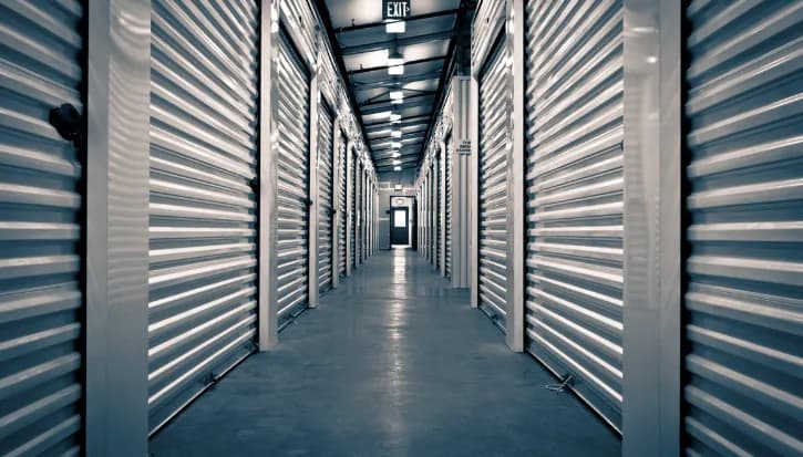 Long indoor corridor of closed roller-door storage units under a row of ceiling lights