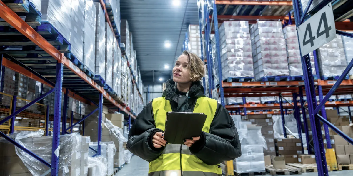 Woman in a high-visibility vest checking stock on a tablet beside tall warehouse shelving
