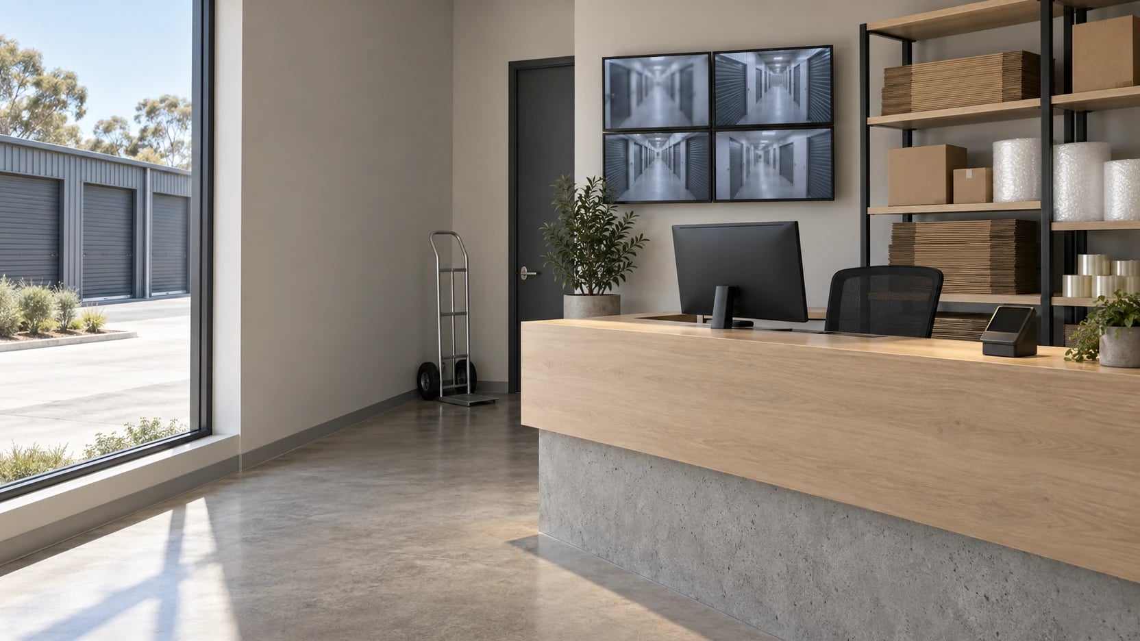 Storage facility reception with a timber counter, security monitors and shelves of packing supplies