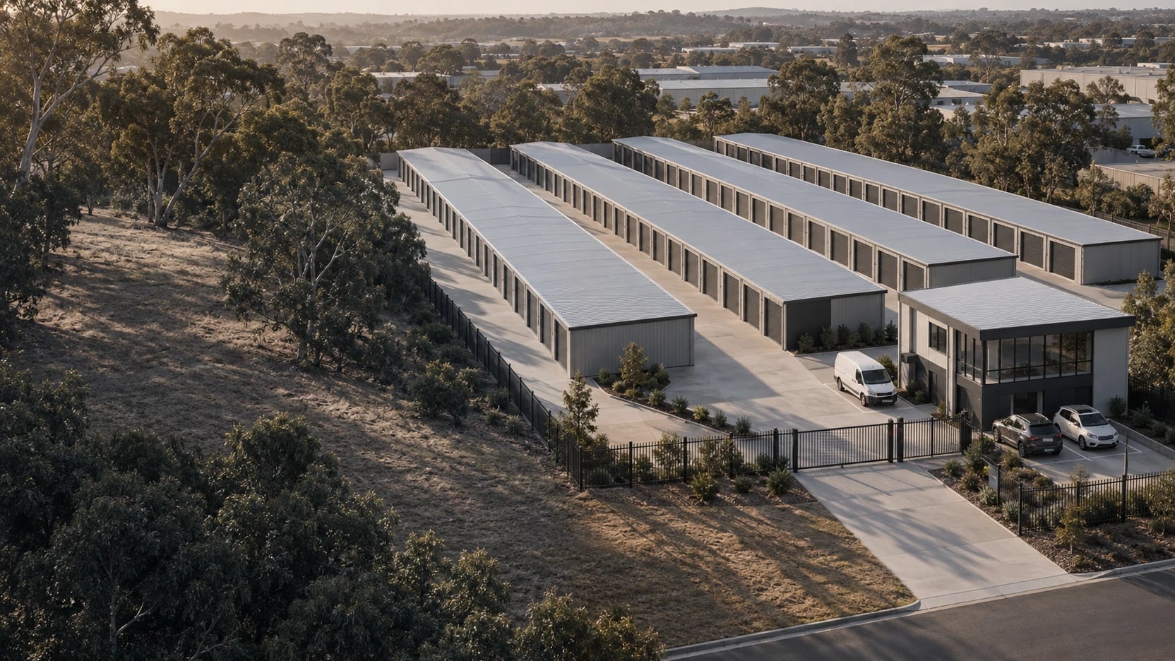 Aerial view of a self storage facility with four rows of units, an office and a gated entry among gum trees