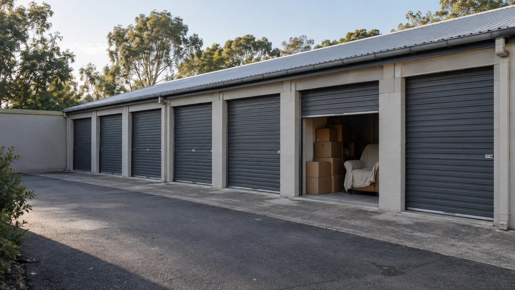Single-storey self-storage units with household boxes and a covered armchair inside an open unit