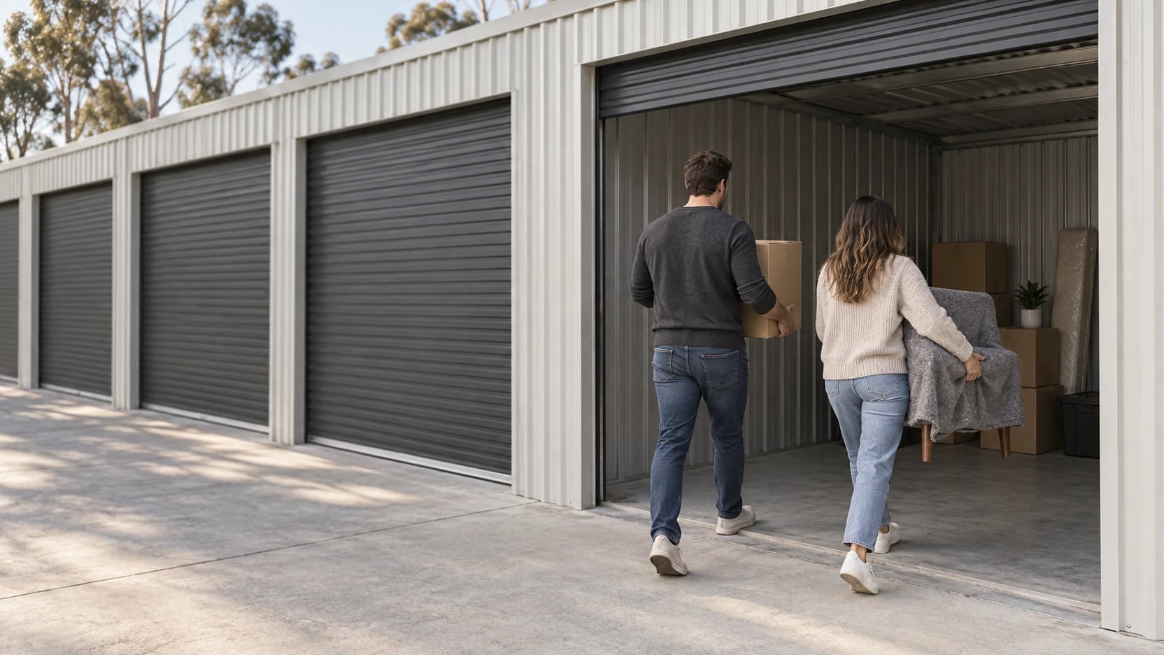Two people carrying a box and an armchair into an open storage unit