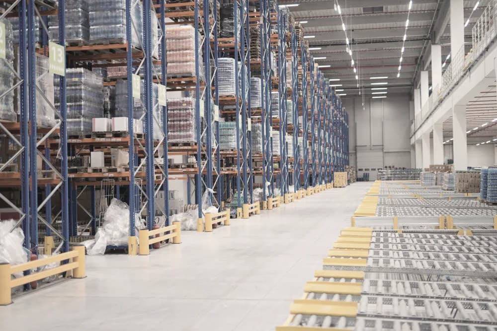 Warehouse aisle lined with tall pallet racking and stock